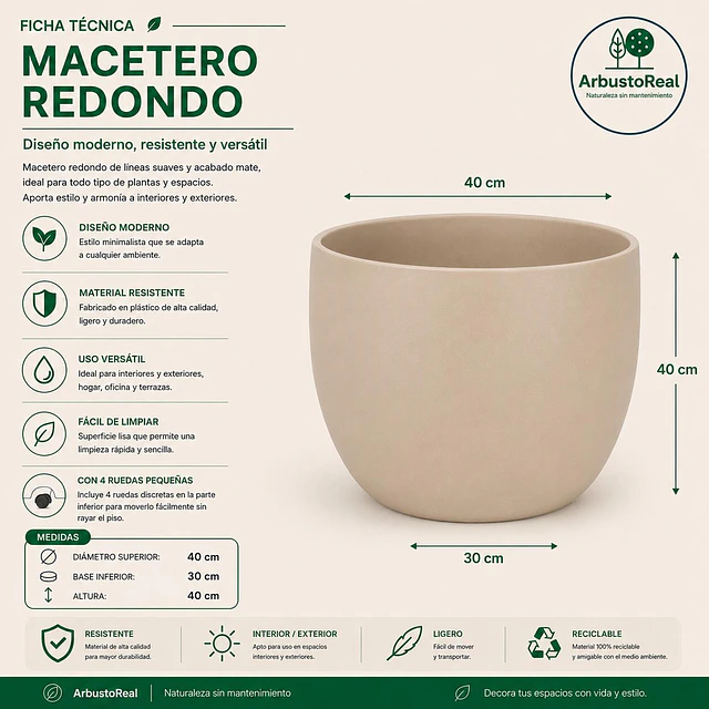 Macetero Nórdico Beige Redondo L 30 cm 40 x 24 x 30 14