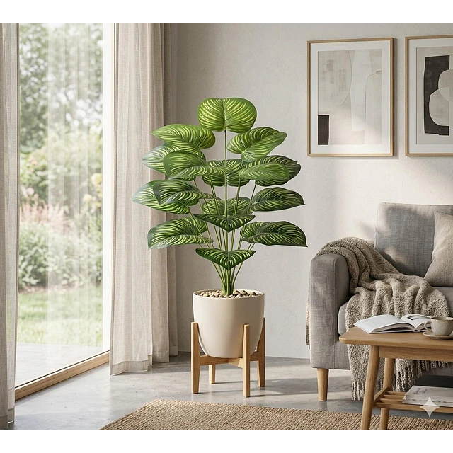 Planta Artificial Arbusto Decorativa Hojas Ralladas 80 Cm 1