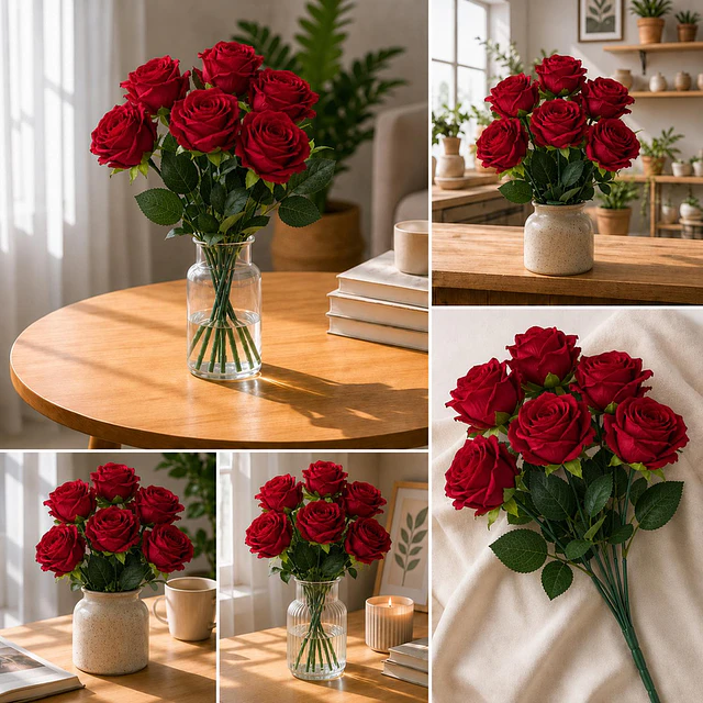 Ramo Rosas Rojas Artificiales 7 Unidades 44cm Terciopelo 2