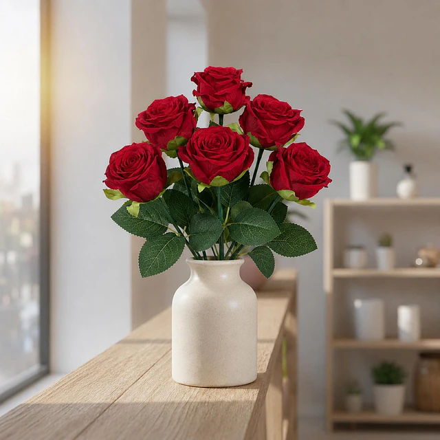 Ramo Rosas Rojas Artificiales 7 Unidades 44cm Terciopelo 1