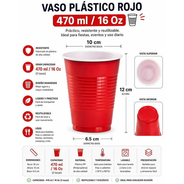 Vaso Plastico Rojo Desechable Fiesta 470 ml x 100 uds 2