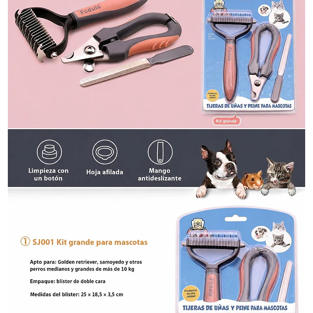 Peine Deslanador Perro Gato Cortaúñas Lima Kit Aseo 3