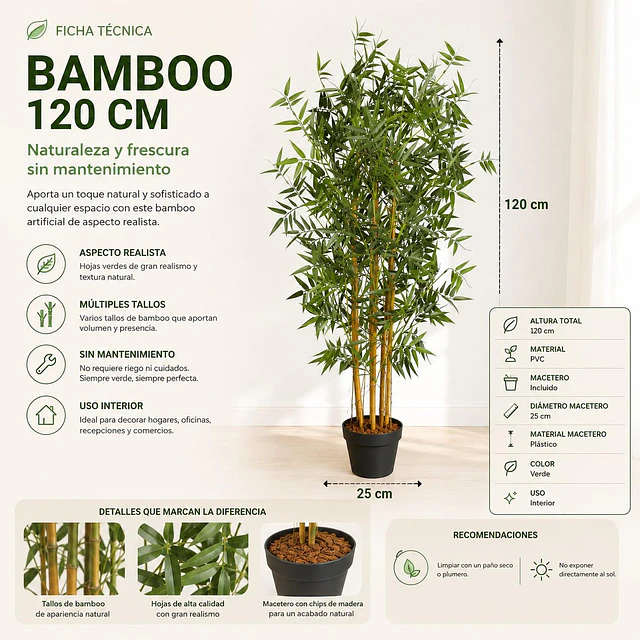 Planta Artificial Decorativa Arbol Grande Bamboo 120cm 730hj 3