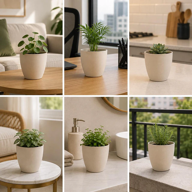 Macetero Redondo Beige 14 cm Plastico Interior Escritorio 1