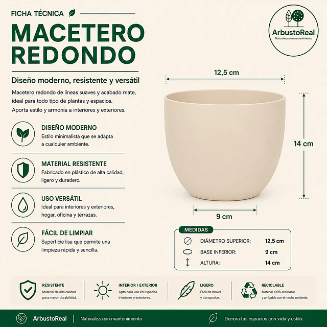Macetero Redondo Beige 14 cm Plastico Interior Escritorio 2