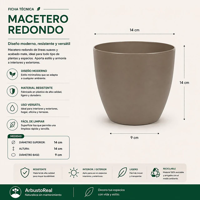 Macetero Redondo Beige 14 cm Plastico Interior Escritorio 9