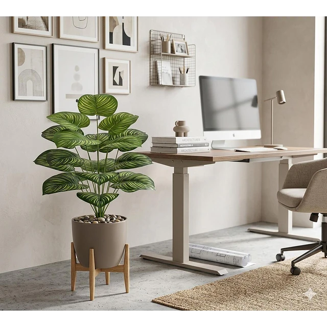 Planta Artificial Arbusto Decorativa Hojas Ralladas 80 Cm 3