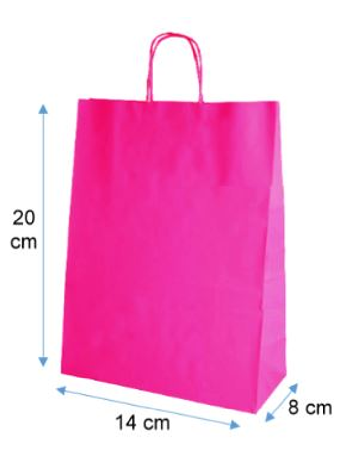 Bolsa papel KRAFT color fucsia 20X14X8 cm manilla de papel torcido. 1