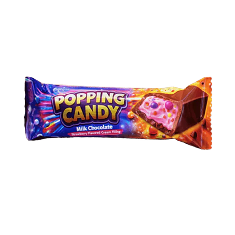 Barra de Chocolate Popping Candy con Crema de Frutilla – Display de 24 Unidades