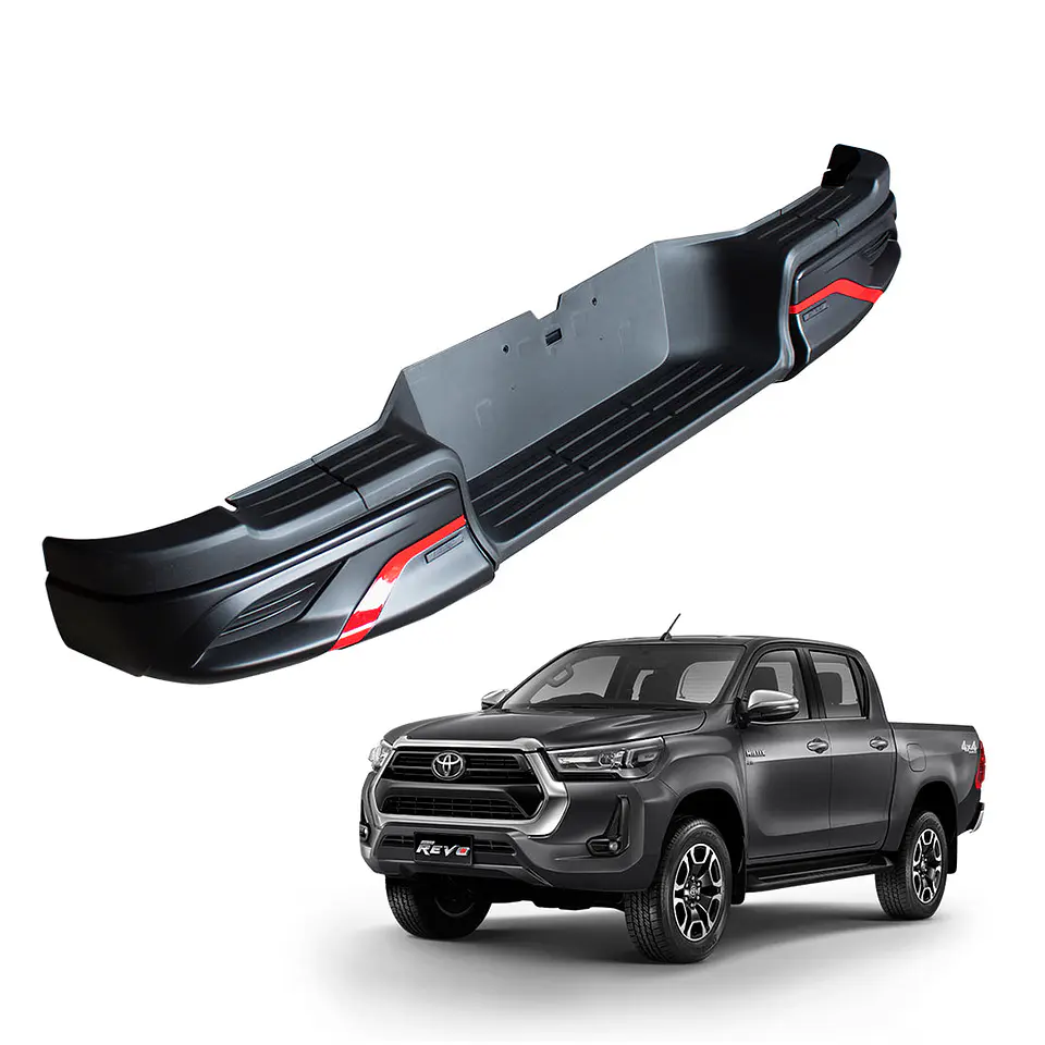 Parachoques Trasero Toyota Hilux 2016+ | Acero y Plástico ABS Negro con Detalles Rojos 1