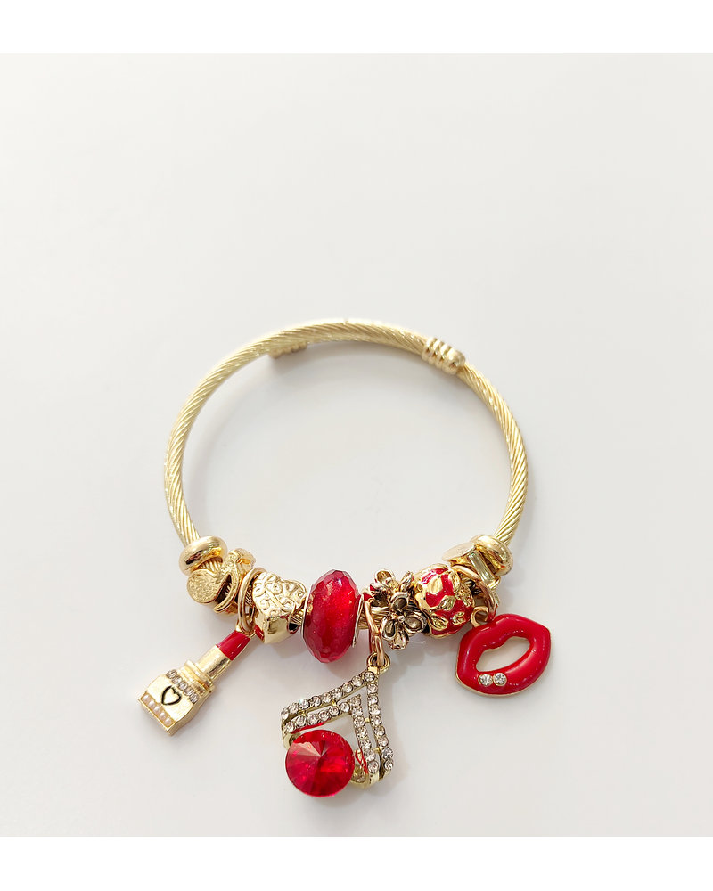 Pulsera ajustable de labio y piedra roja dorada