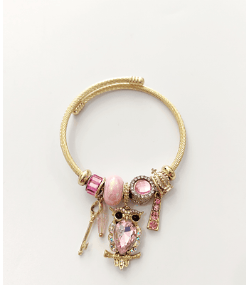 Pulsera ajustable de buho rosa dorada