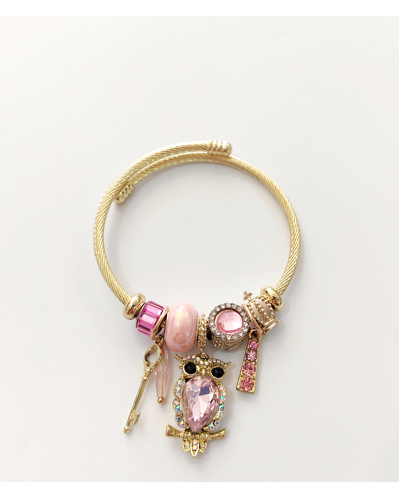 Pulsera ajustable de buho rosa dorada