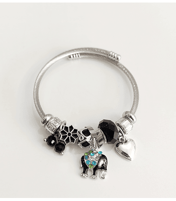 Pulsera ajustable de elefante negro plateada