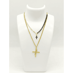 Collar doble dorado de cruces color negro