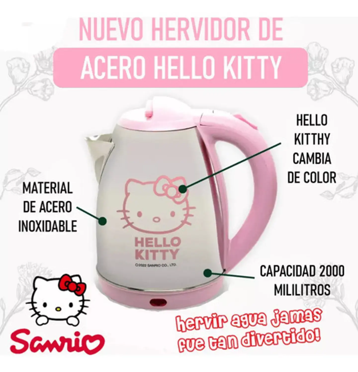 Hervidor Eléctrico Hello Kitty 2l Acero Inoxidable Sanrio 7