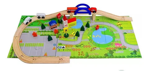 Pista Autos Madera Con Puente Juguete Didáctico Infantil 40p
