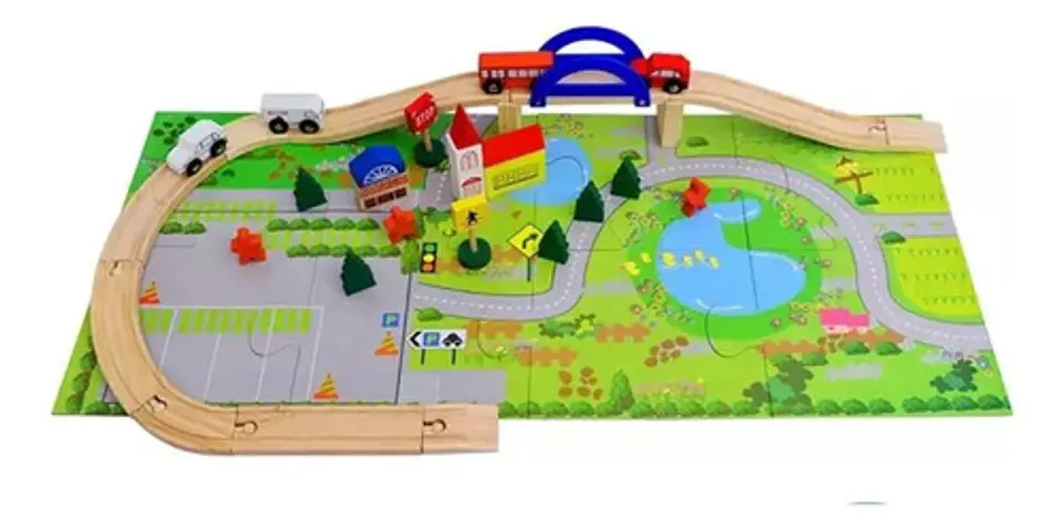 Pista Autos Madera Con Puente Juguete Didáctico Infantil 40p 1