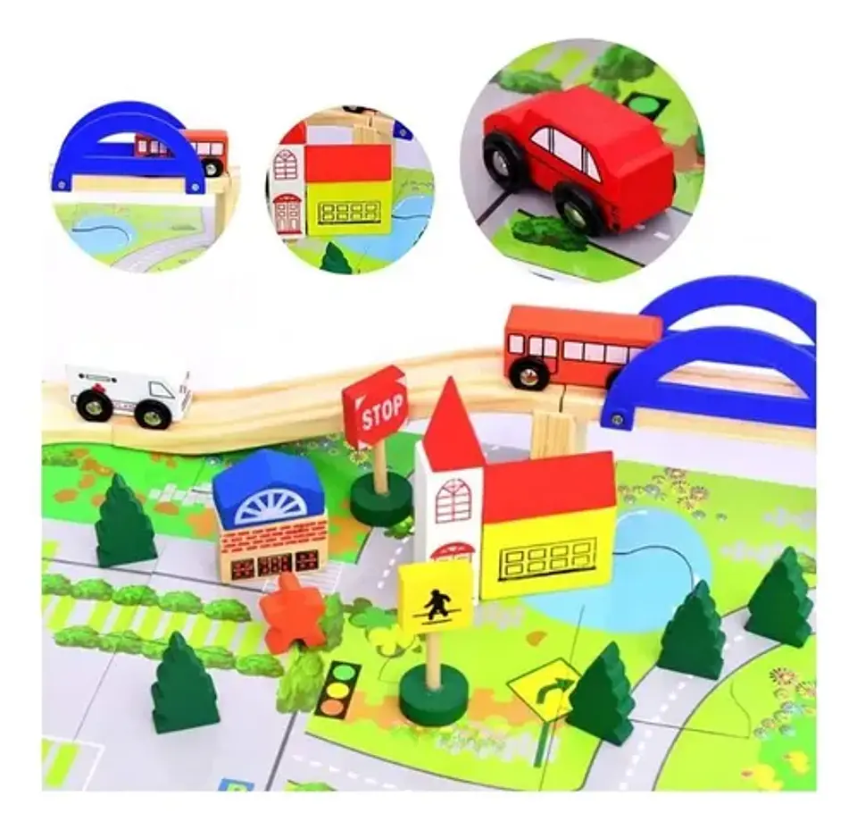 Pista Autos Madera Con Puente Juguete Didáctico Infantil 40p 3