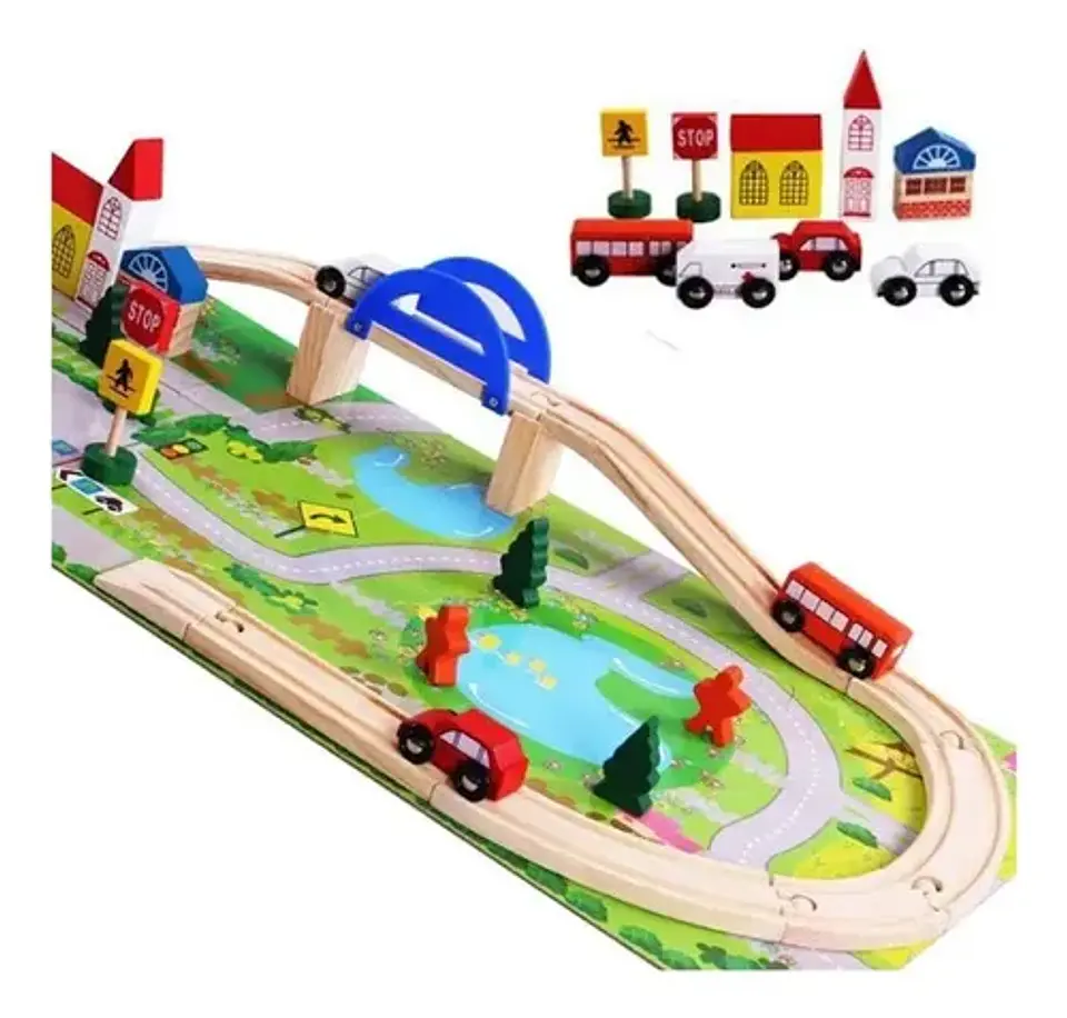 Pista Autos Madera Con Puente Juguete Didáctico Infantil 40p 5