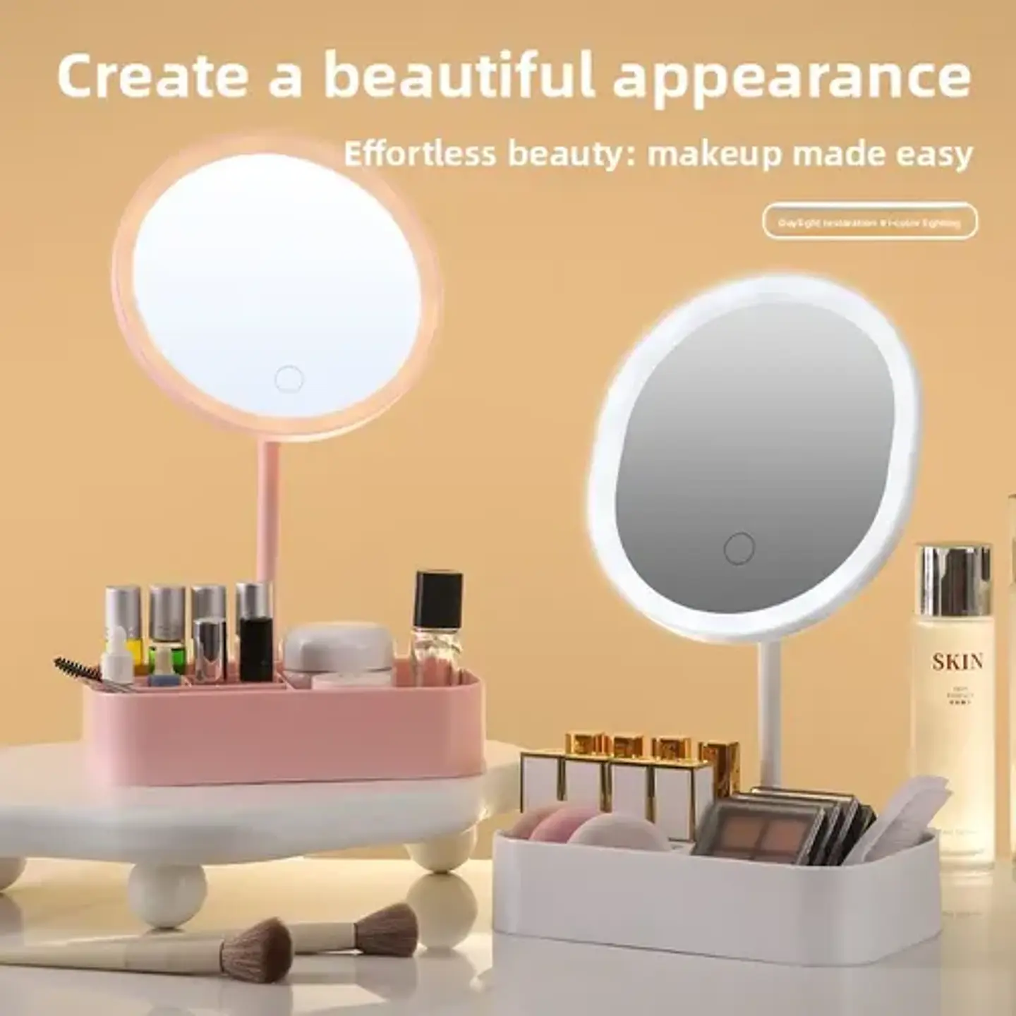 Espejo Led Tocador Maquillaje Circular Con Organizador Blanco 5