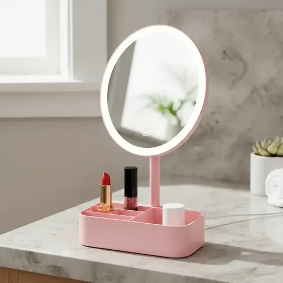 Espejo Led Tocador Maquillaje Circular Con Organizador Rosa 1