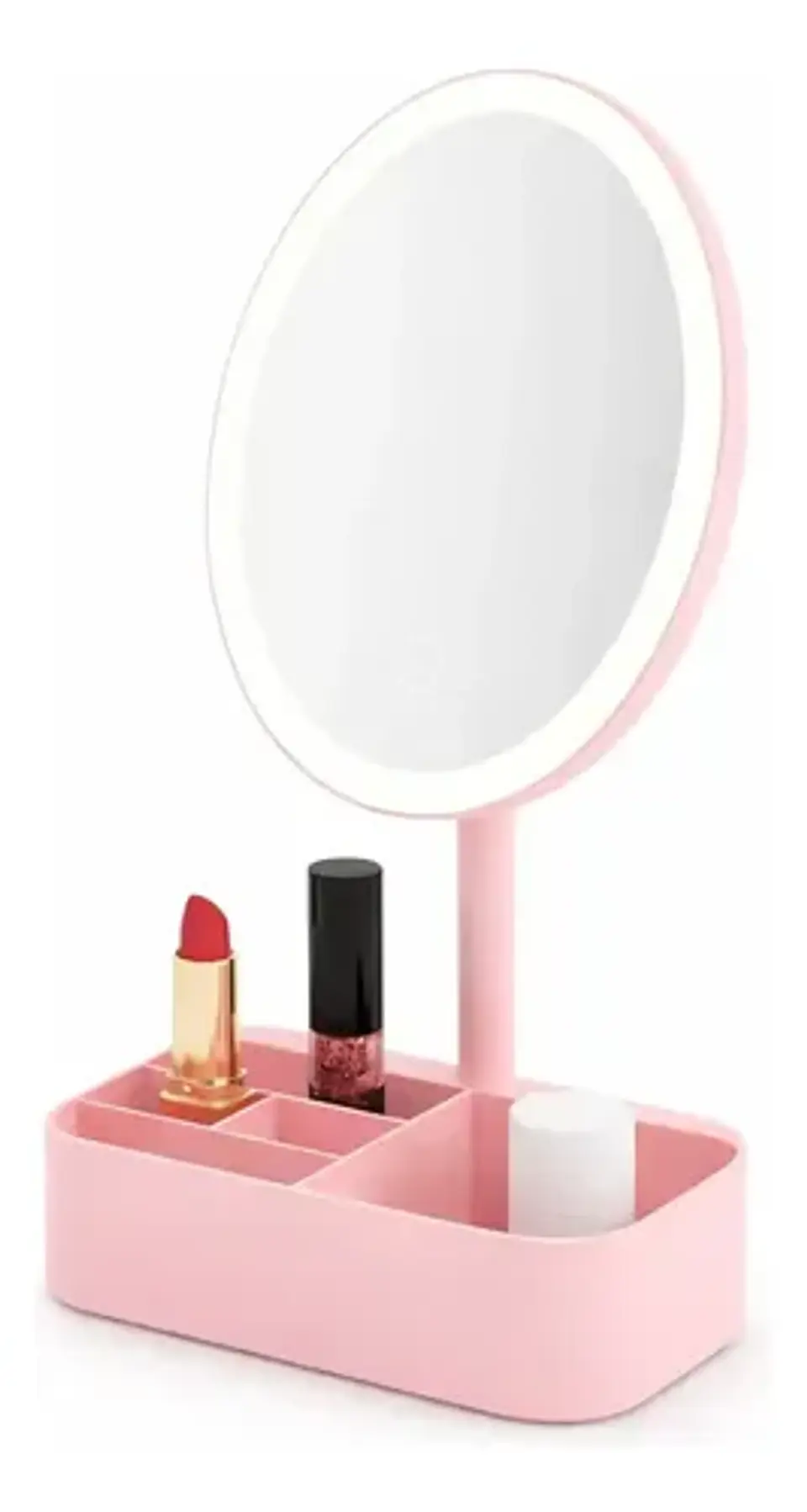 Espejo Led Tocador Maquillaje Circular Con Organizador Rosa 2