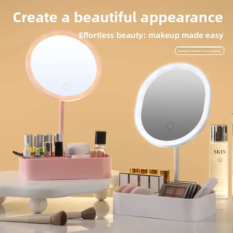 Espejo Led Tocador Maquillaje Circular Con Organizador Rosa 3