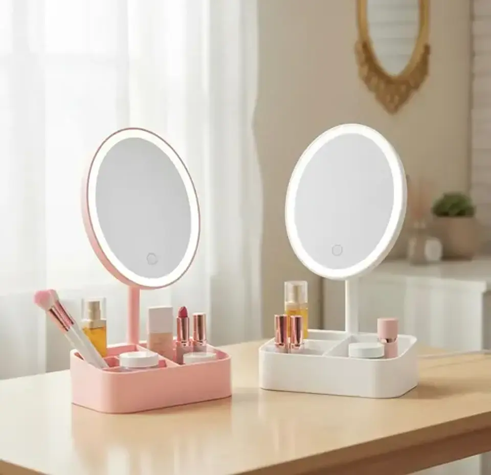 Espejo Led Tocador Maquillaje Circular Con Organizador Rosa 4