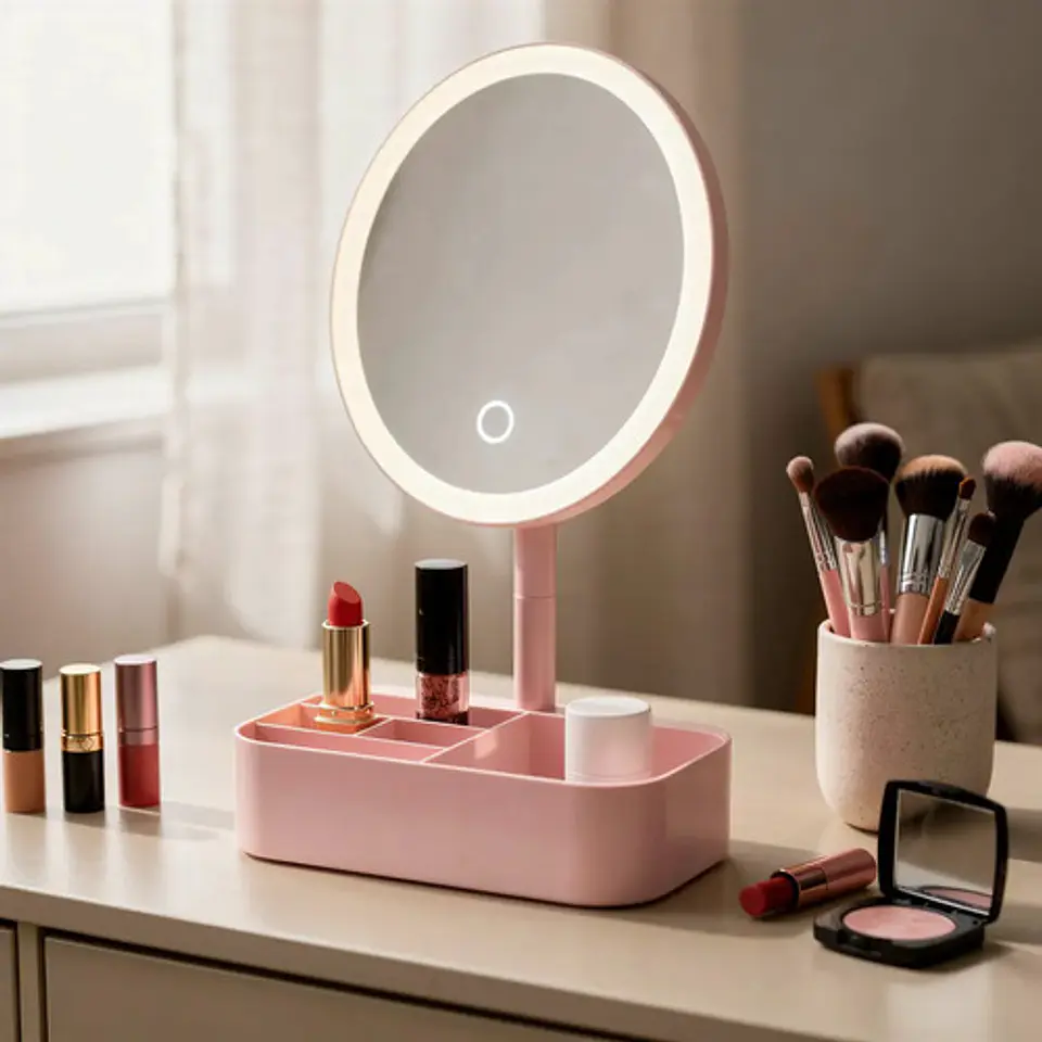 Espejo Led Tocador Maquillaje Circular Con Organizador Rosa 5