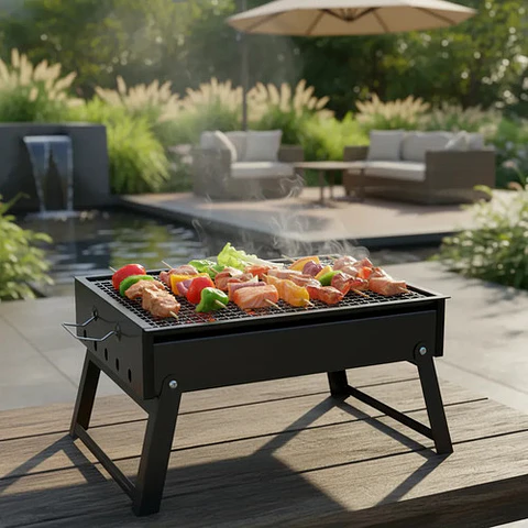 Parrilla A Carbón Portátil Plegable Negra 38x29,5 Camping