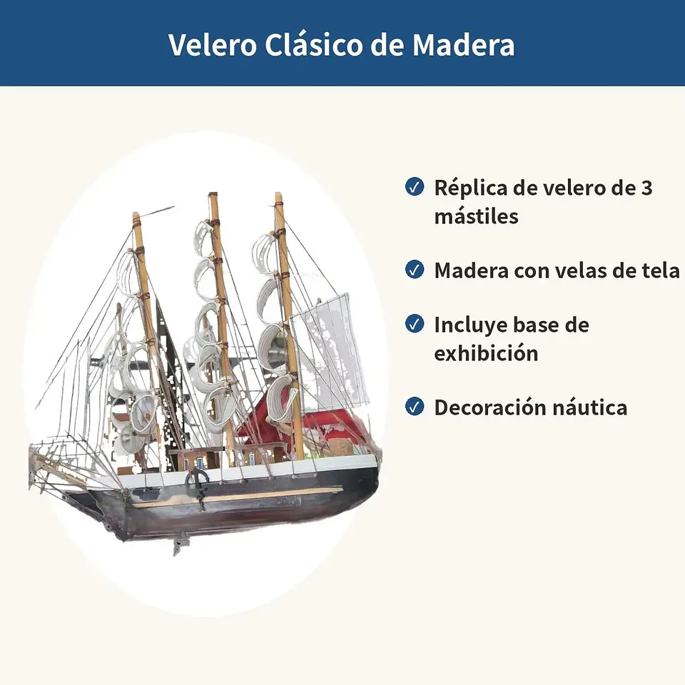 Velero De Madera 3 Mástiles Decorativo Réplica Barco Clásico 2