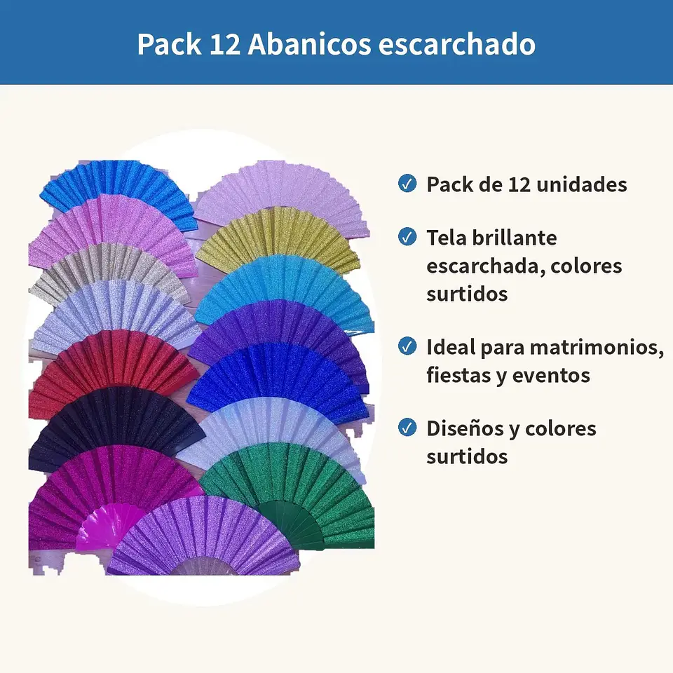 Pack 12 Abanicos Escarchados Brillantes Colores Surtidos 3