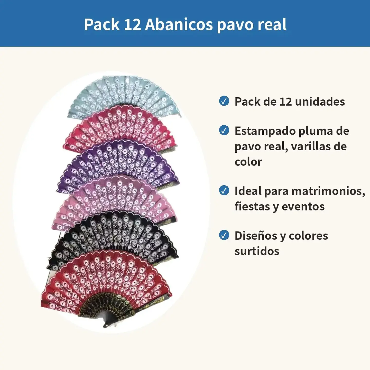 Pack 12 Abanicos Diseño Pavo Real Colores Surtidos Fiesta 3