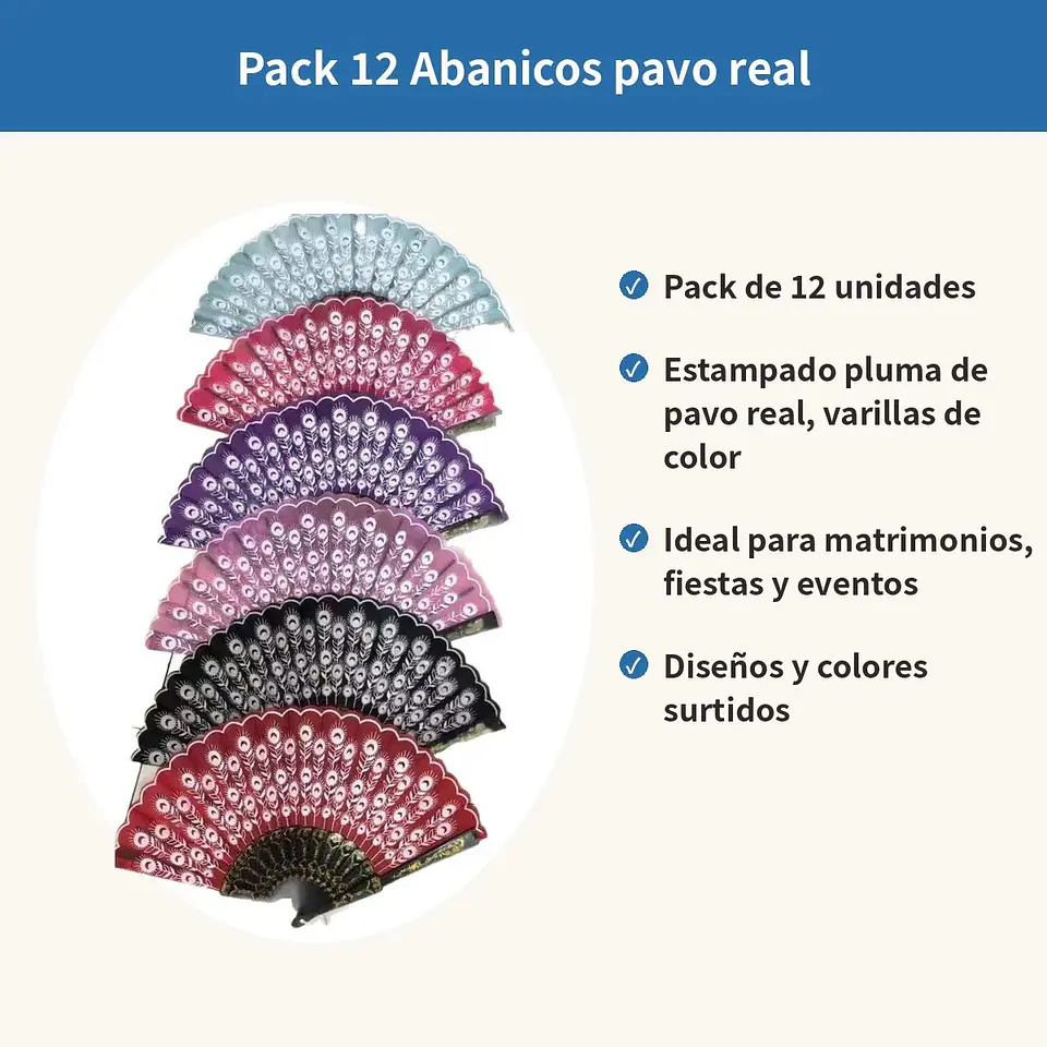 Pack 12 Abanicos Diseño Pavo Real Colores Surtidos Fiesta 3