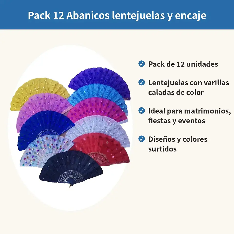 Pack 12 Abanicos Lentejuelas Y Encaje Surtidos Matrimonio 3