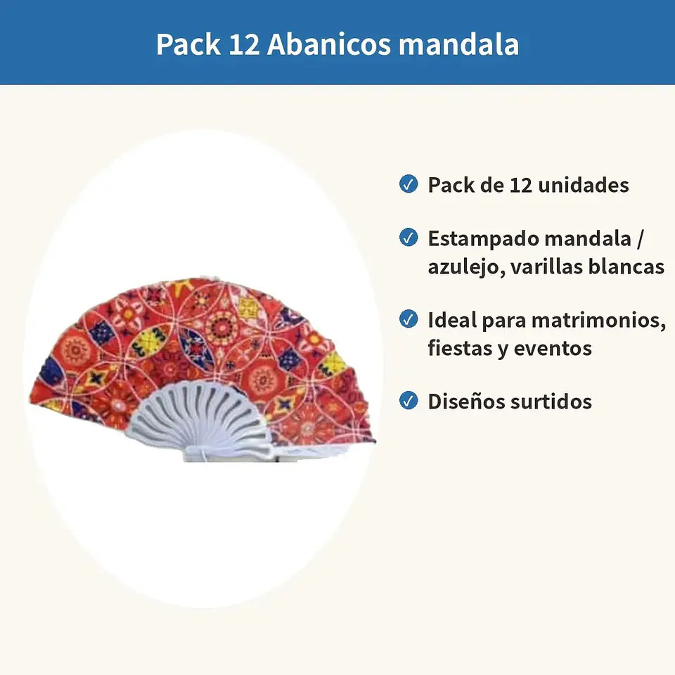 Pack 12 Abanicos Diseño Mandala Azulejo Surtidos Fiesta 3