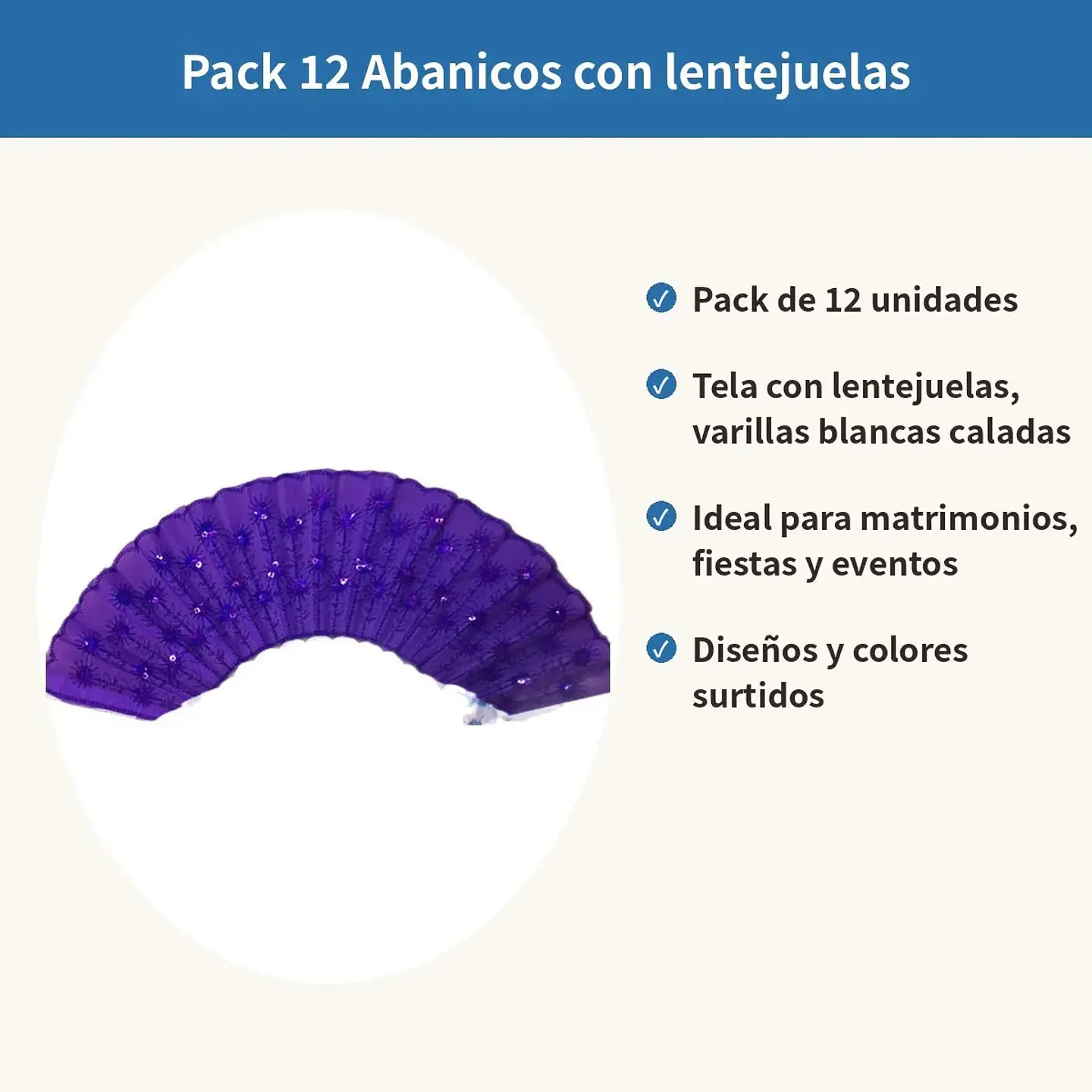 Pack 12 Abanicos Con Lentejuelas Colores Surtidos Fiesta 4