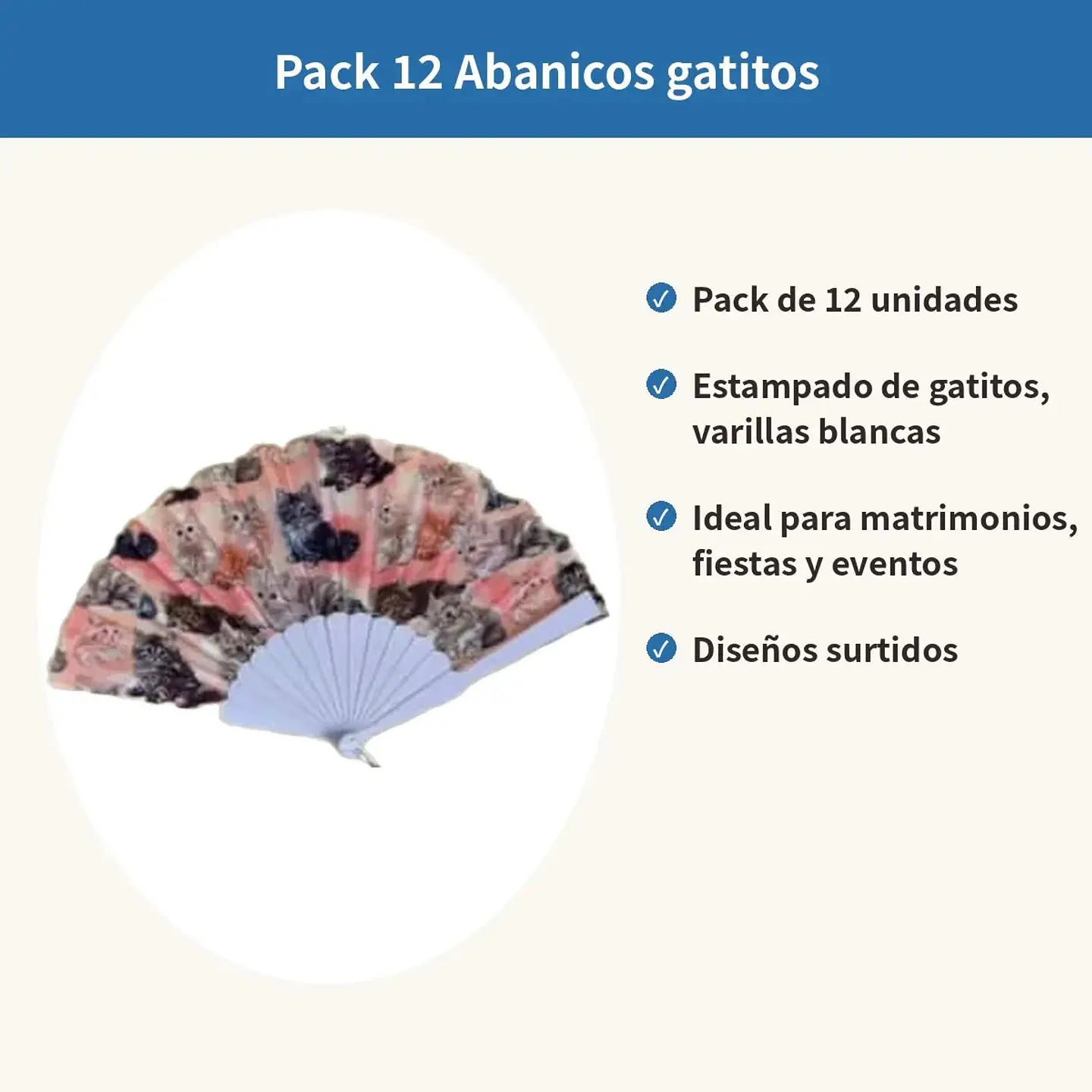 Pack 12 Abanicos Estampado Gatitos Surtidos Fiesta Regalo 3