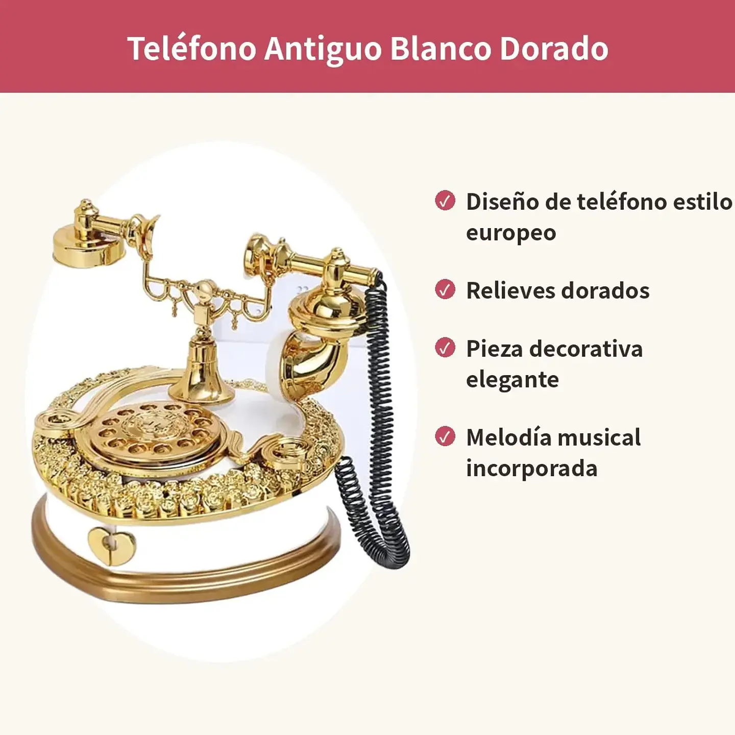 Caja Musical Teléfono Antiguo Blanco Dorado Vintage Regalo 2