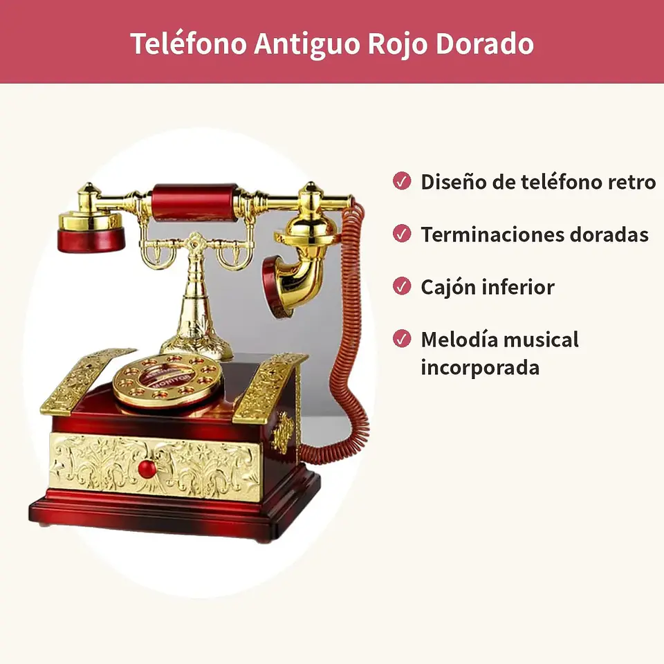 Caja Musical Teléfono Antiguo Rojo Dorado Vintage Regalo 2