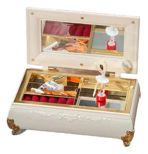 Joyero Musical Blanco Dorado Con Bailarina Y Espejo Regalo
