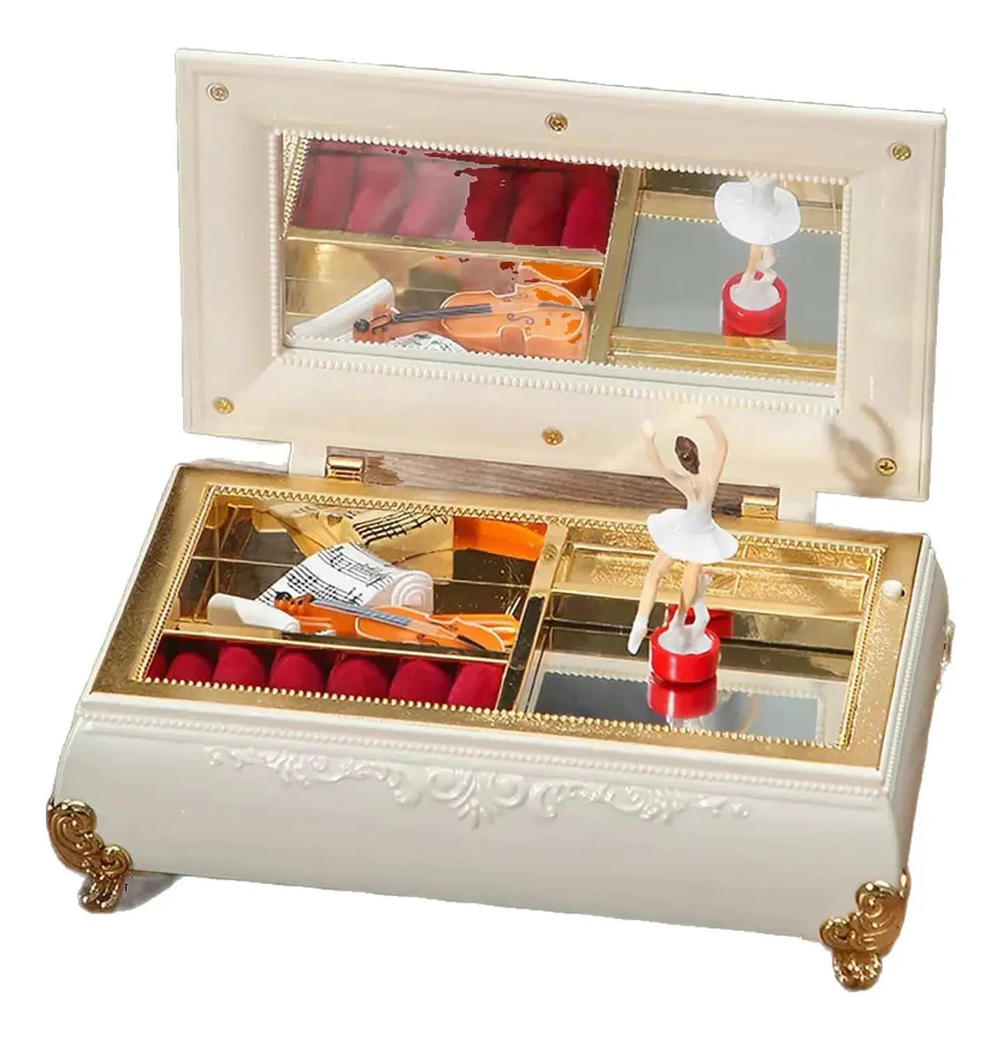 Joyero Musical Blanco Dorado Con Bailarina Y Espejo Regalo 1