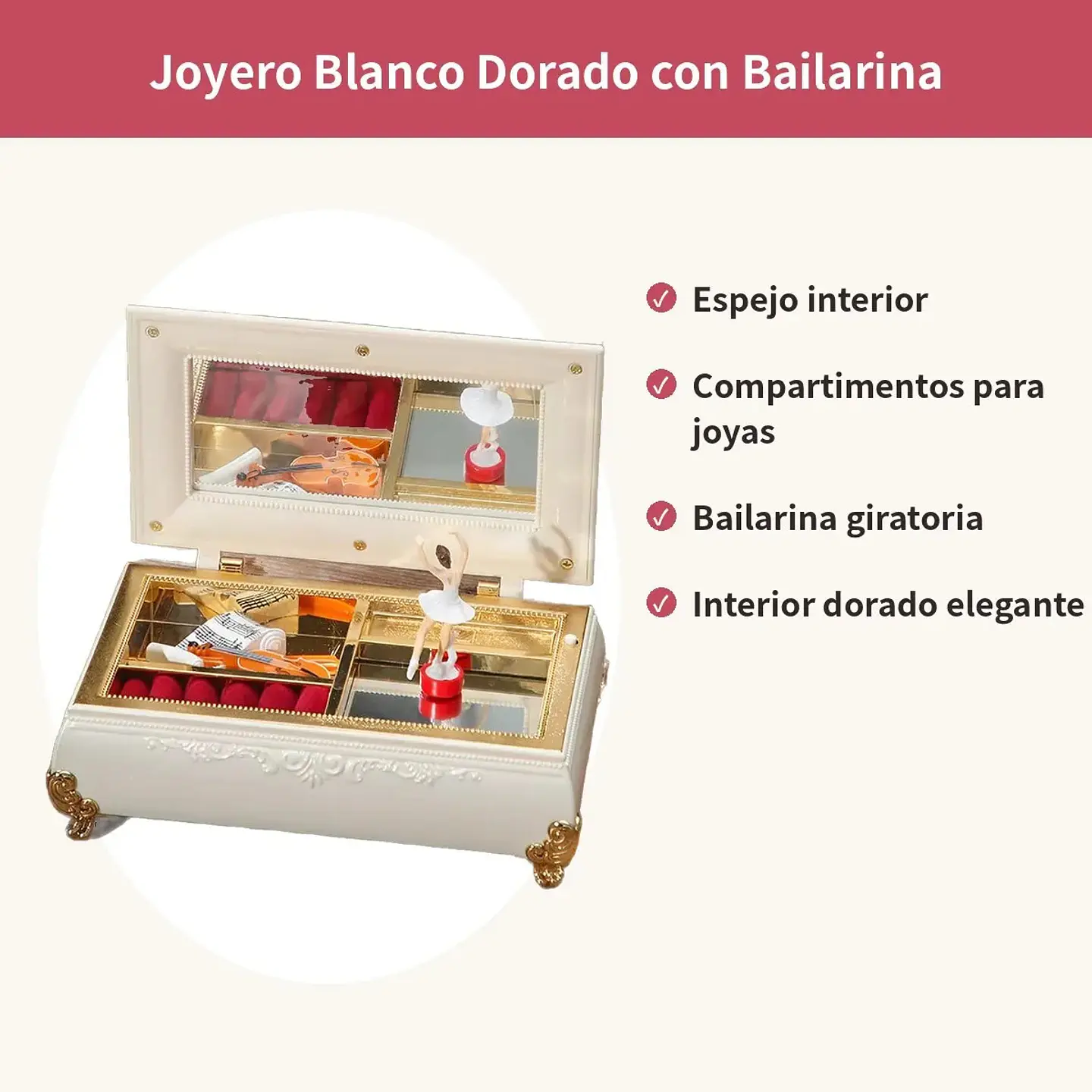 Joyero Musical Blanco Dorado Con Bailarina Y Espejo Regalo 2