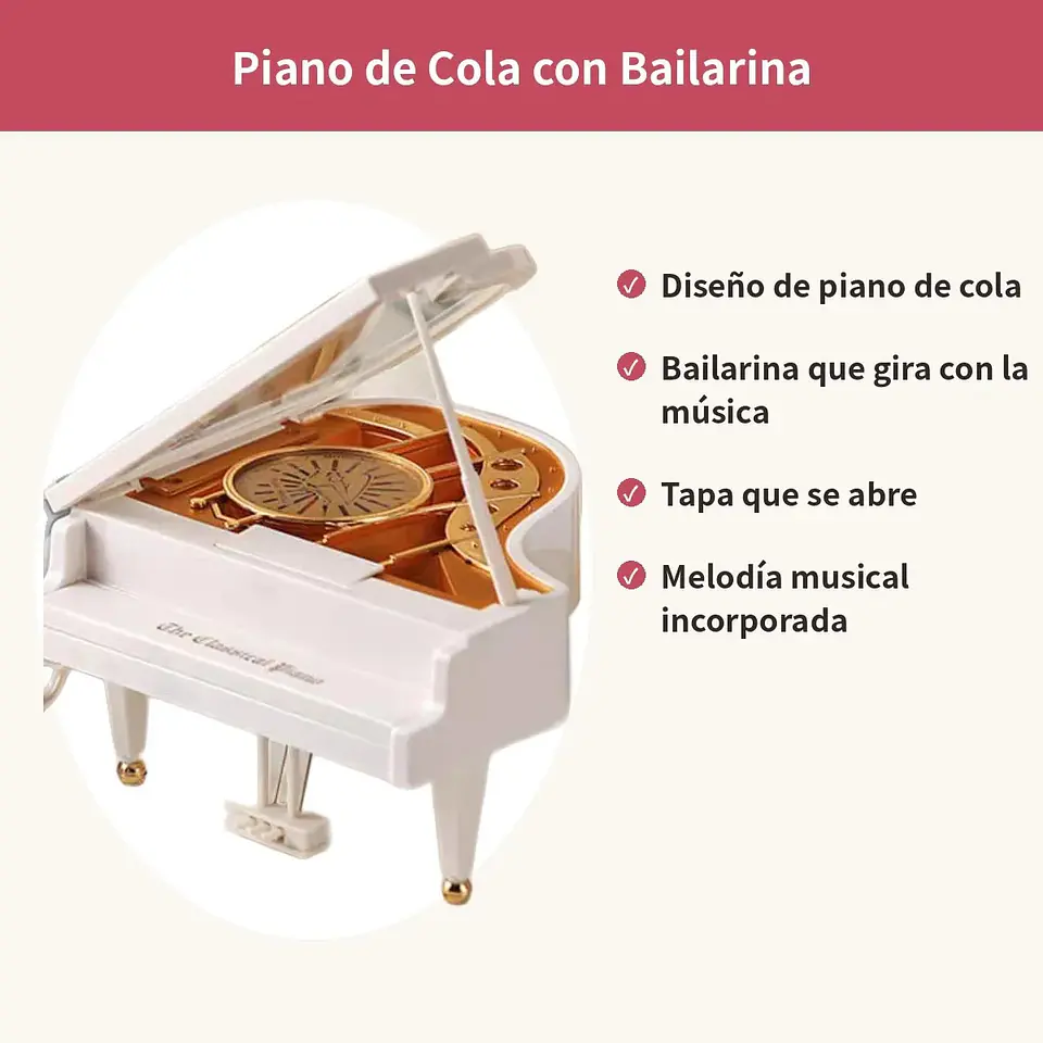 Caja Musical Piano De Cola Con Bailarina Blanco Regalo 3