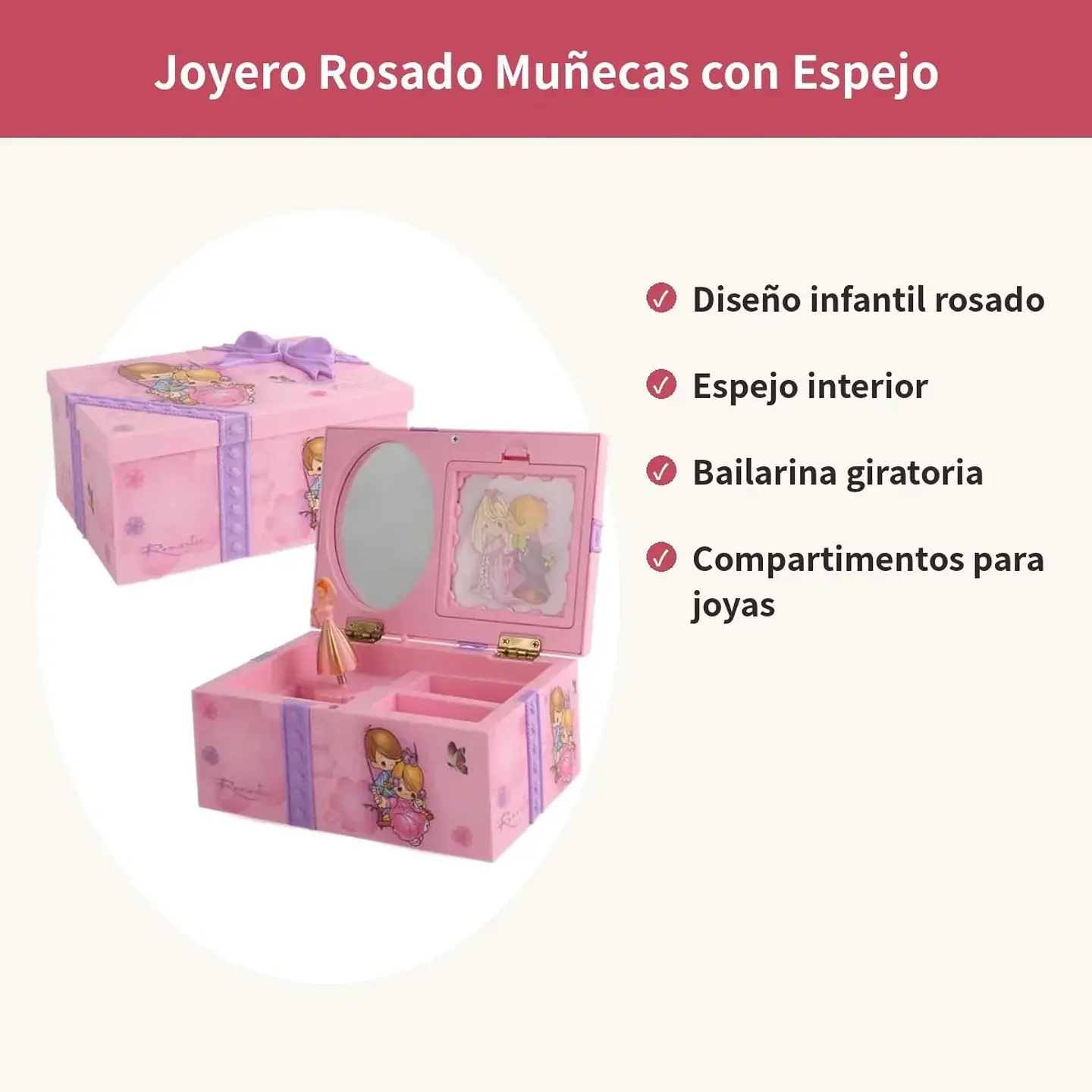 Joyero Musical Rosado Muñecas Con Espejo Bailarina Niña 2