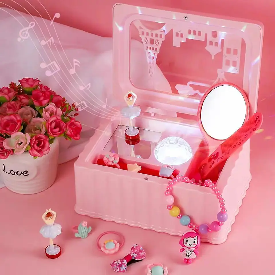 Joyero Musical Rosado Con Luz Led Espejo Y Bailarina Niña 2