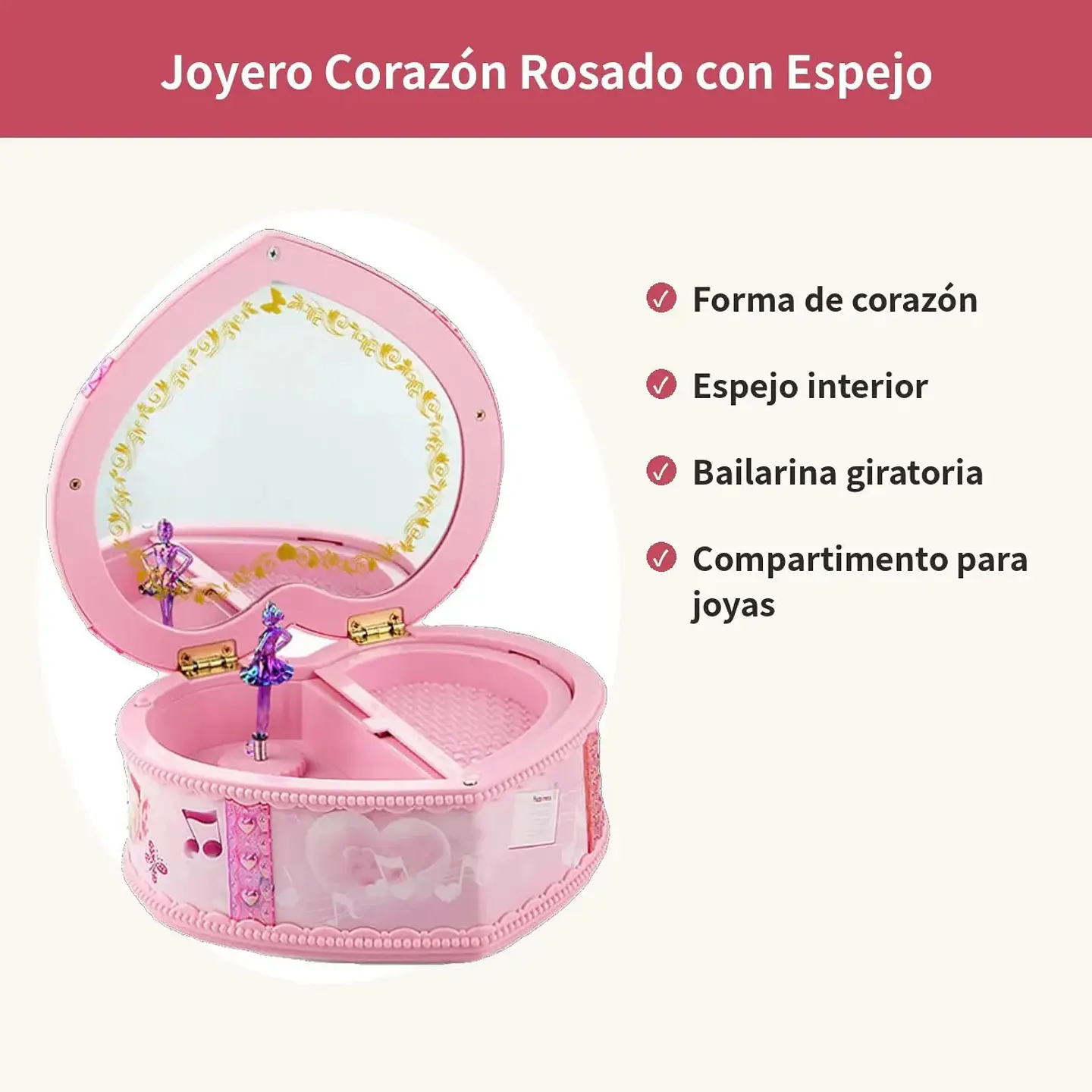 Joyero Musical Corazón Rosado Con Espejo Y Bailarina Niña 3