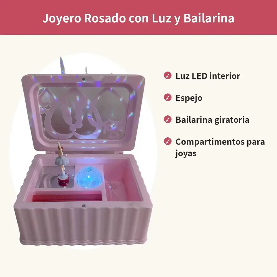 Joyero Musical Rosado Con Luz Led Espejo Y Bailarina Niña 3