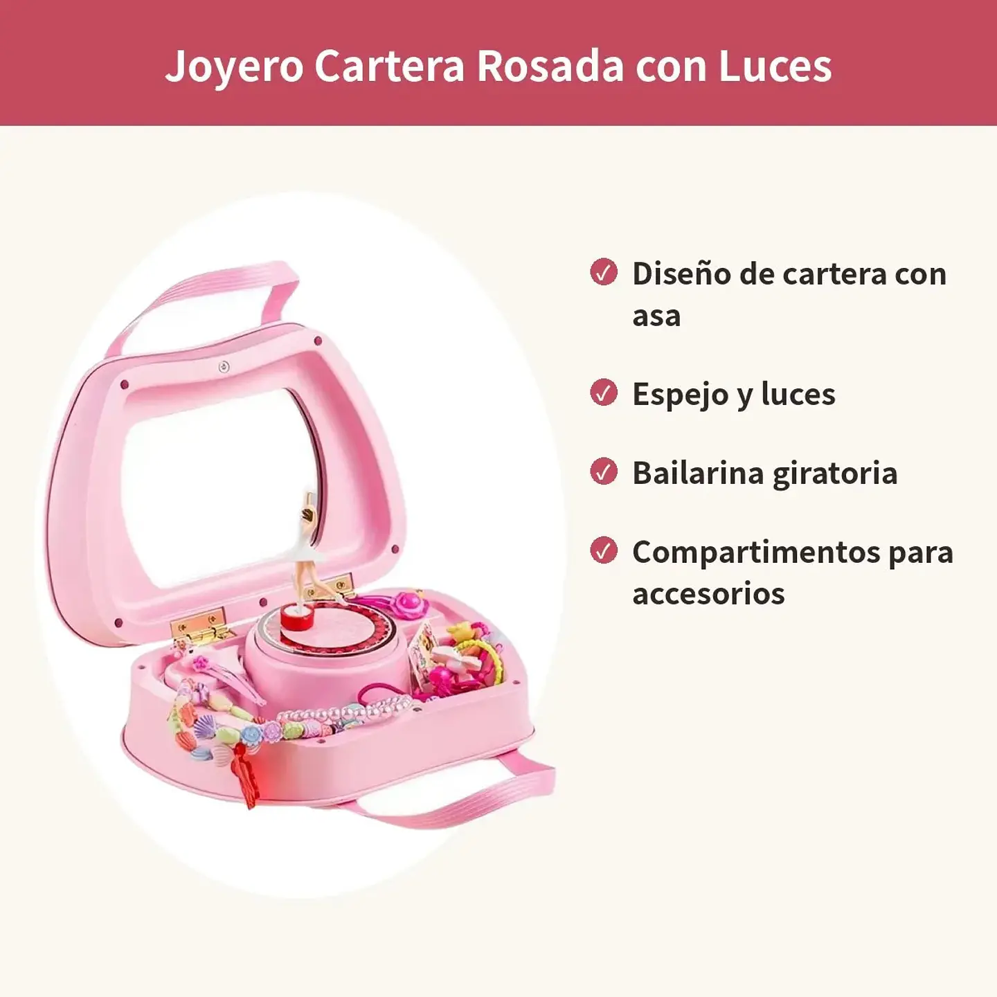 Joyero Musical Cartera Rosada Con Luces Espejo Bailarina 4
